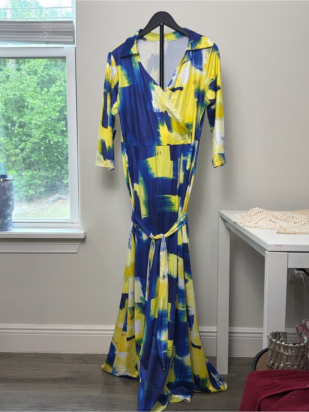 Abstract Brushstroke Wrap Maxi Dress in Blue, Yellow & White
